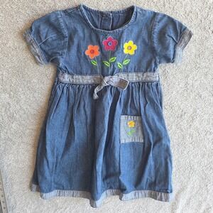 Buster Brown Girls Blue Denim Floral Embroidered Short Sleeve Dress Size 5